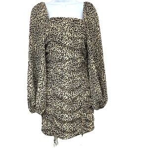 O Vianco Leopard Print Long Puff Sleeve Mini Dress Ruched Smocked Back Small